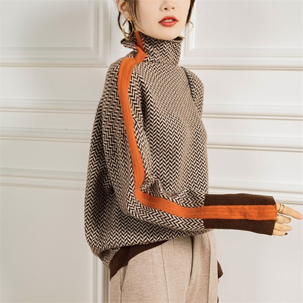 Women's Polyester Knit Striped Sweater - Cozy Winter Essential
