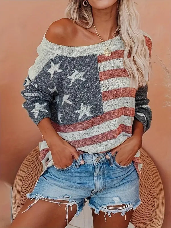 Women's Patriotic Off-Shoulder Sweater - Cozy & Chic