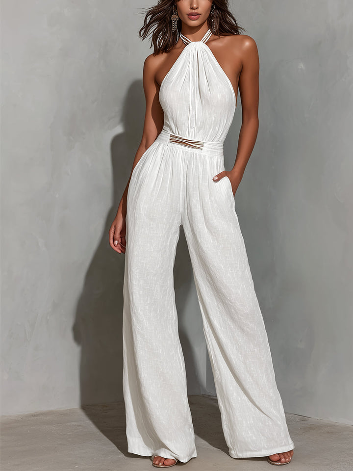 Women's Faux Cotton-Linen Halter Jumpsuit - Day to Night