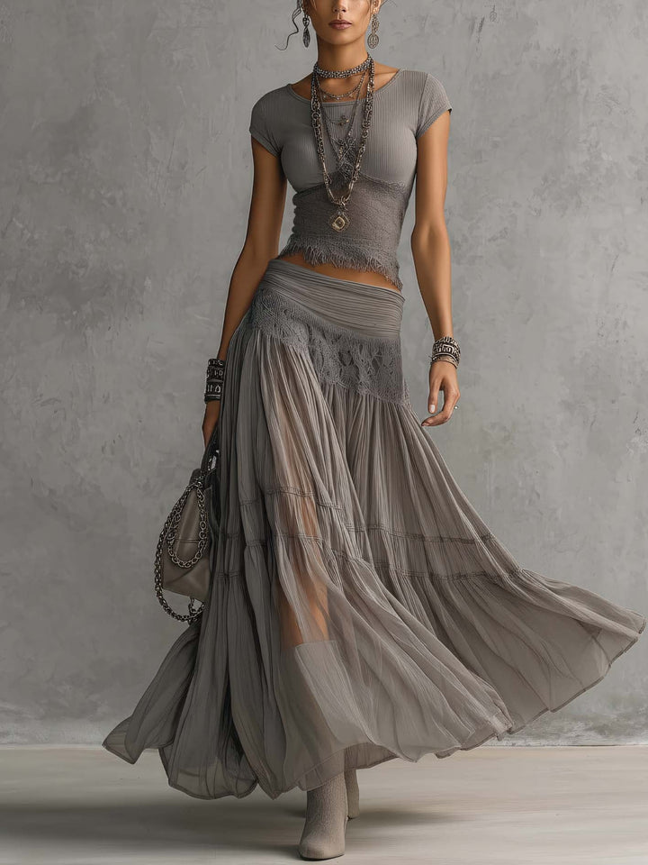 Women's Gray Lace & Chiffon Two-Piece Set - Pleated Skirt Outfit