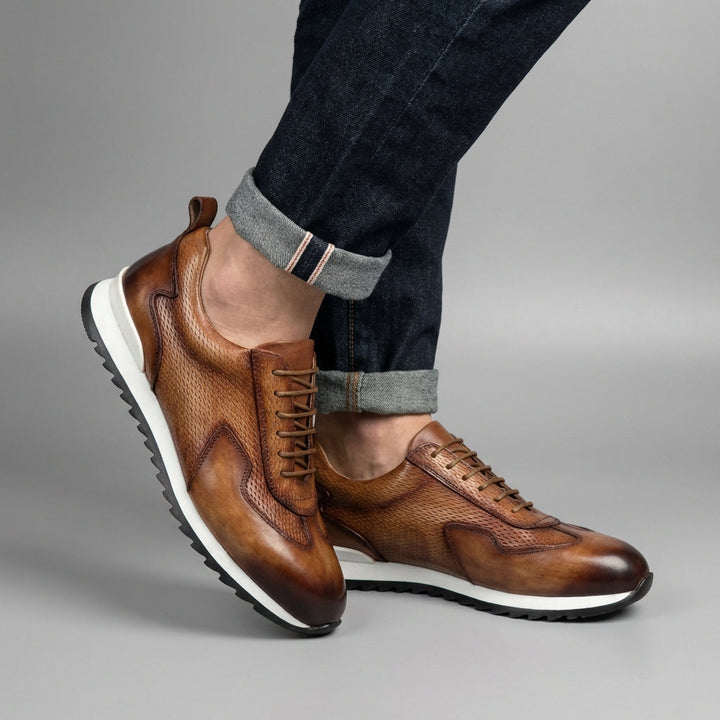 Men's Cowhide Leather Trainers – Woven Court Sneakers