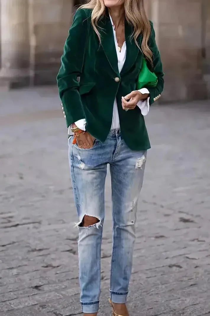 Women's Tailored Blazer with Gold Buttons - Effortless Elegance