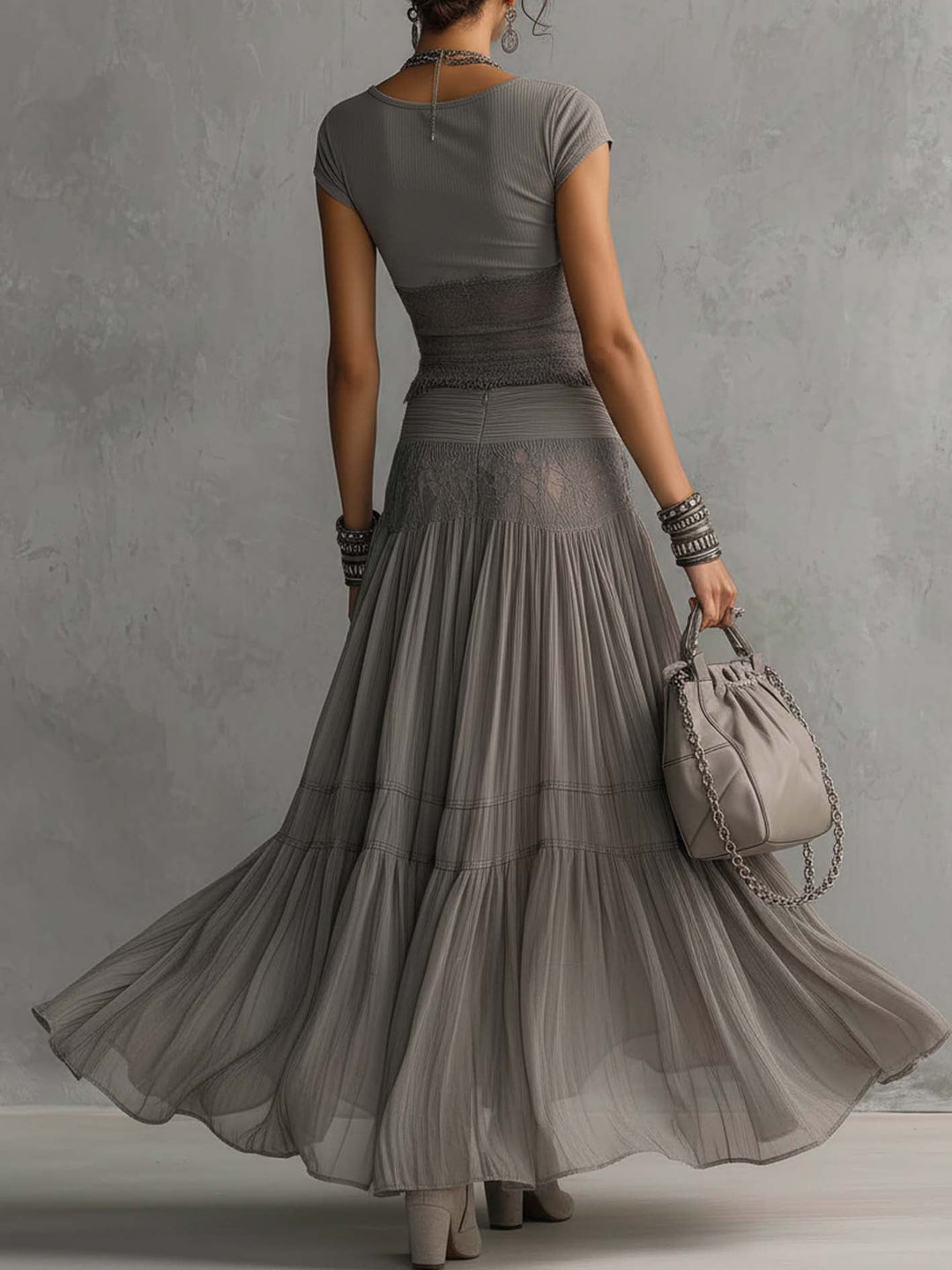 Women's Gray Lace & Chiffon Two-Piece Set - Pleated Skirt Outfit