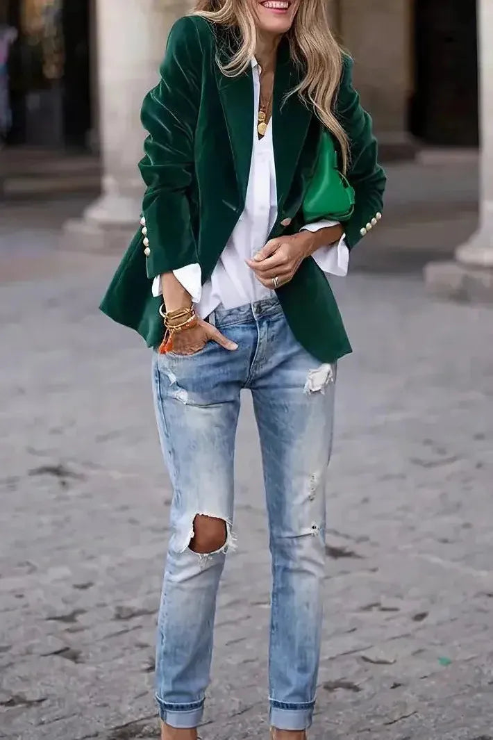 Women's Tailored Blazer with Gold Buttons - Effortless Elegance