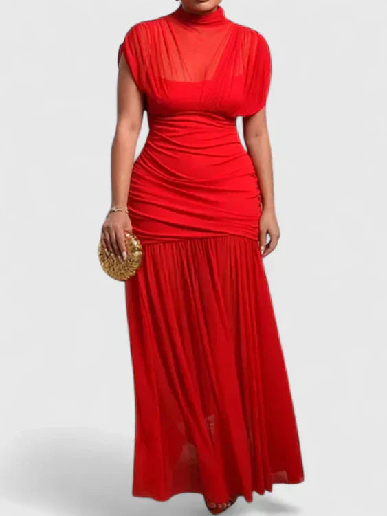 Women's Elegant Maxi Dress with High Neck & Draping - Evening Style