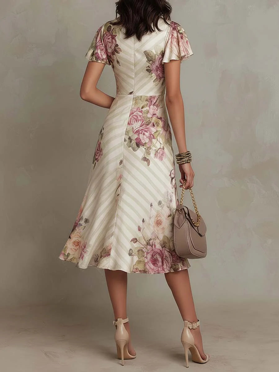 Women's Vintage Floral Satin Midi Dress - Effortless Summer Style