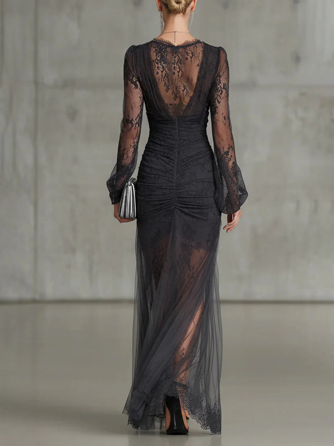 Women's Dark Grey Lace Ruched Maxi Dress - Effortless Summer Elegance