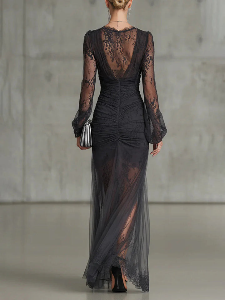 Women's Dark Grey Lace Ruched Maxi Dress - Effortless Summer Elegance
