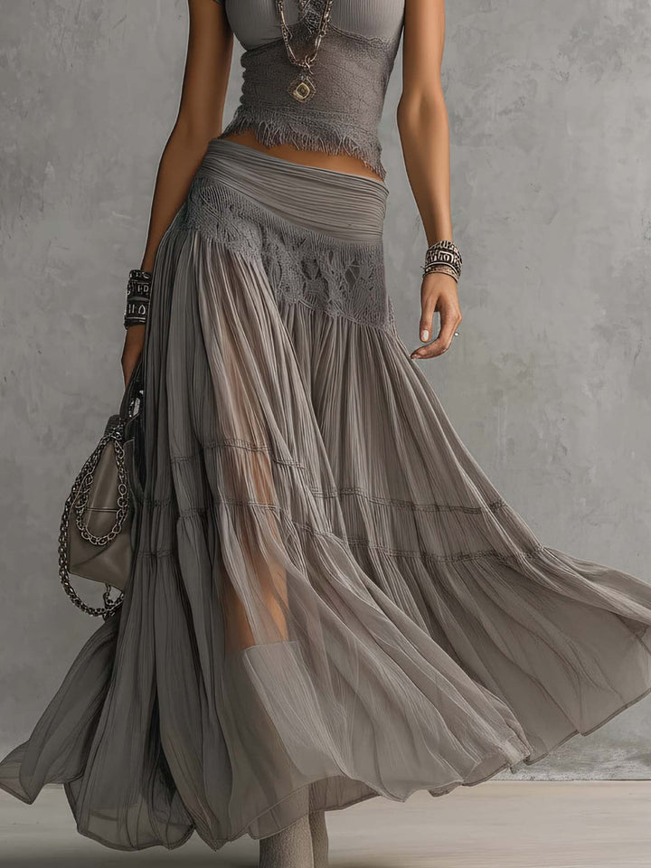 Women's Gray Lace & Chiffon Two-Piece Set - Pleated Skirt Outfit