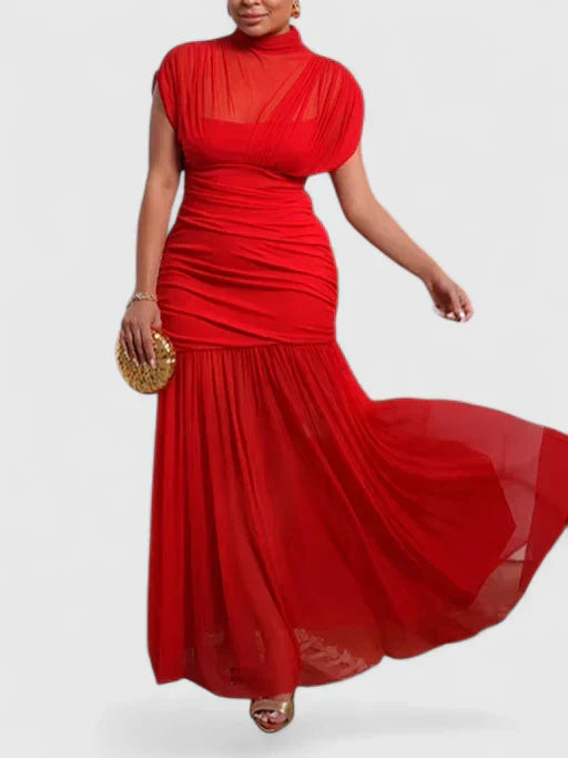 Women's Elegant Maxi Dress with High Neck & Draping - Evening Style