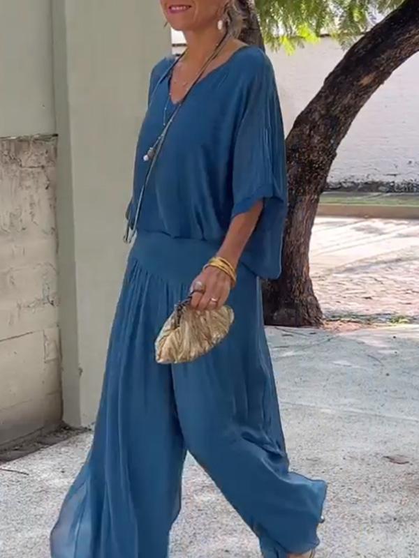 Women's Chiffon Wide-Leg Pants Two-Piece Set - Elegant & Breezy
