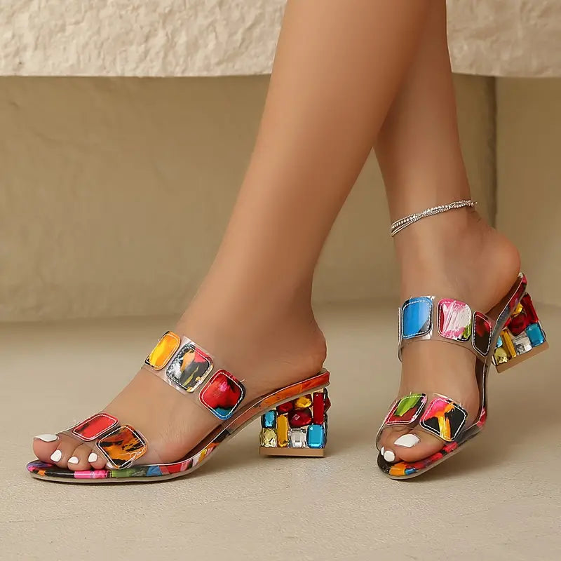 Women's Colorful Gem Block Heel Sandals - Perfect for Parties