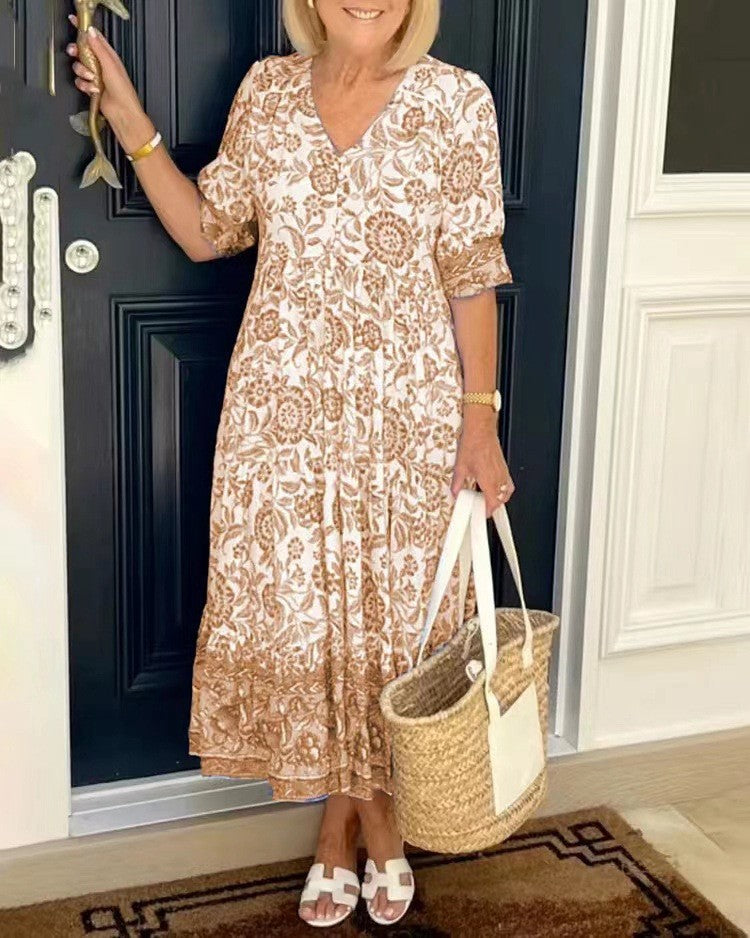 Women's Graceful V-Neck Floral Dress - Everyday Elegance