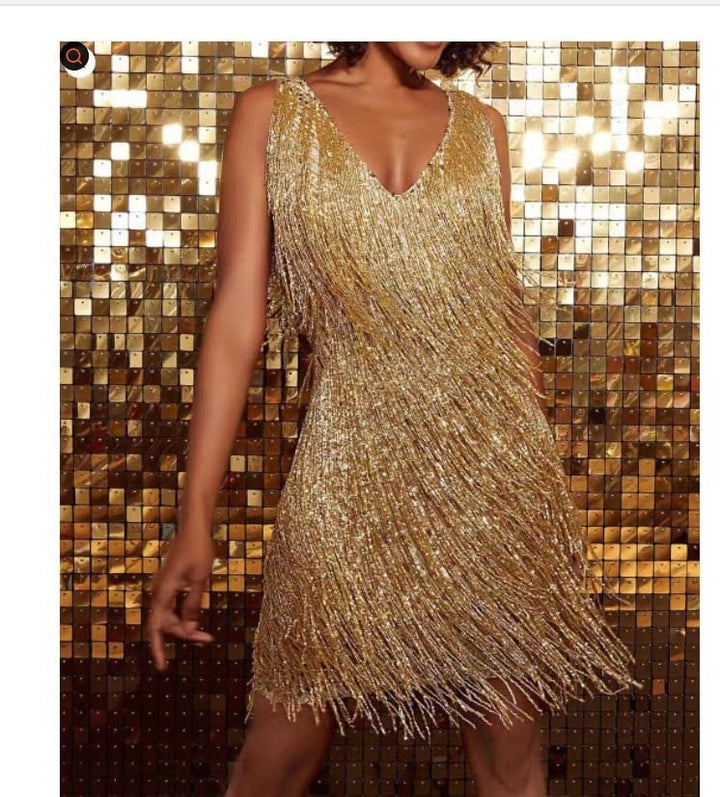 Women's Fringed V-Neck Party Dress - Striking & Festive