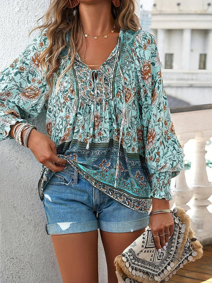 Women's Floral Ruffled Cuff Blouse - Effortless Day to Night