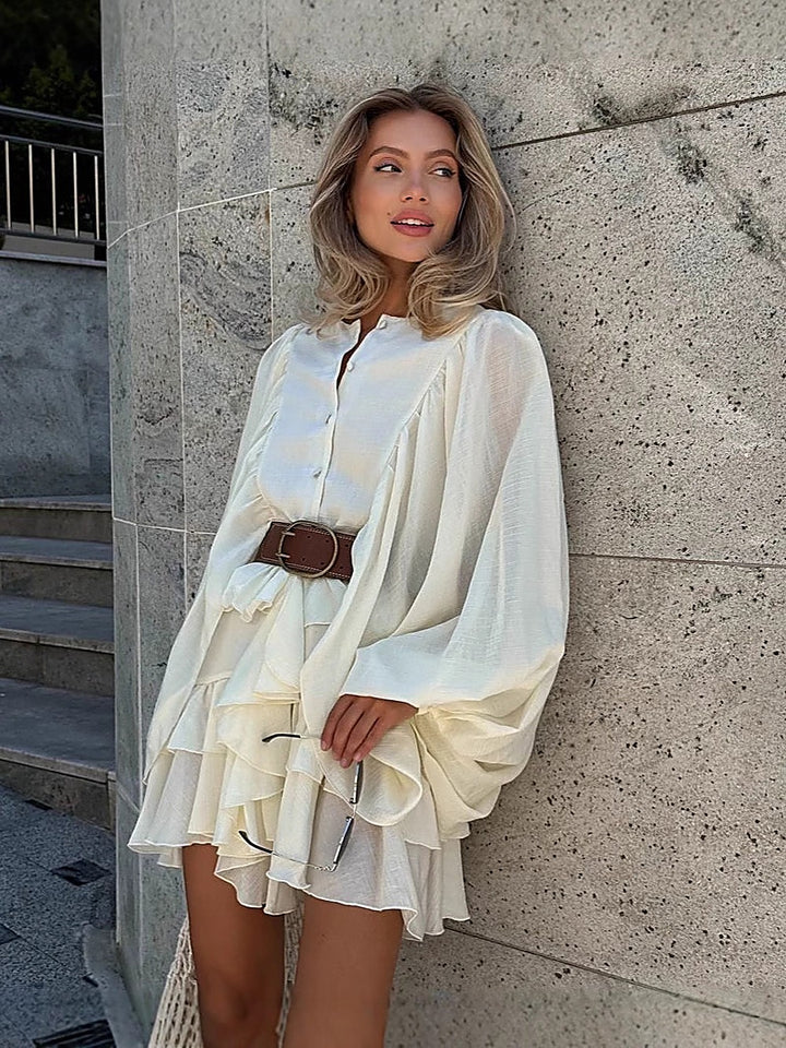 Minimalist Tiered-Ruffle Lantern-Sleeve Dress