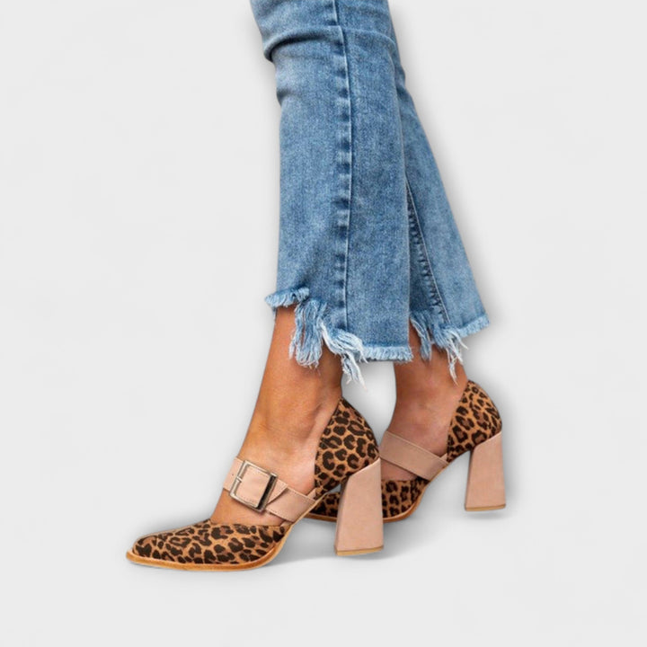 Women's Leopard Print Heeled Sandals - Elegant Evening