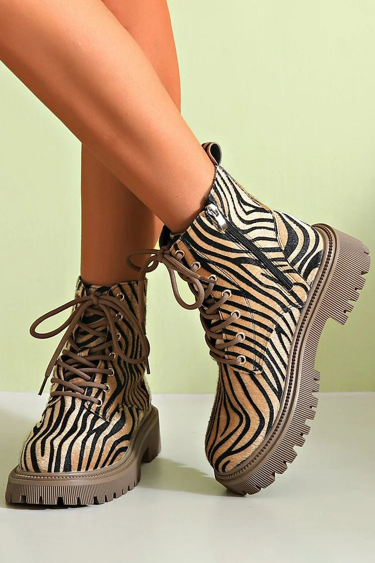 Women's Zebra Print Lace-Up Boots - Wild Style with Everyday Edge