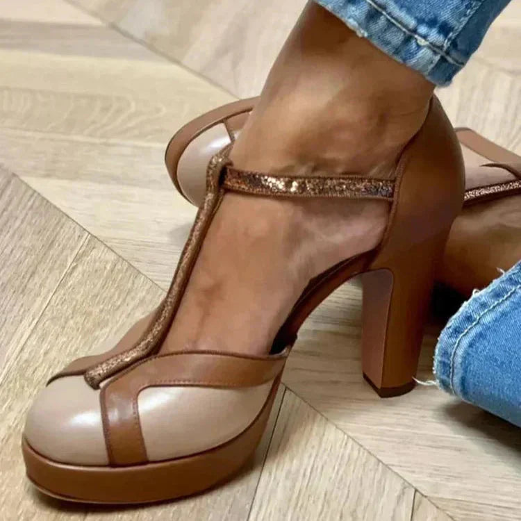 Women's Two-Tone T-Strap Heels - Vintage-Inspired Elegance