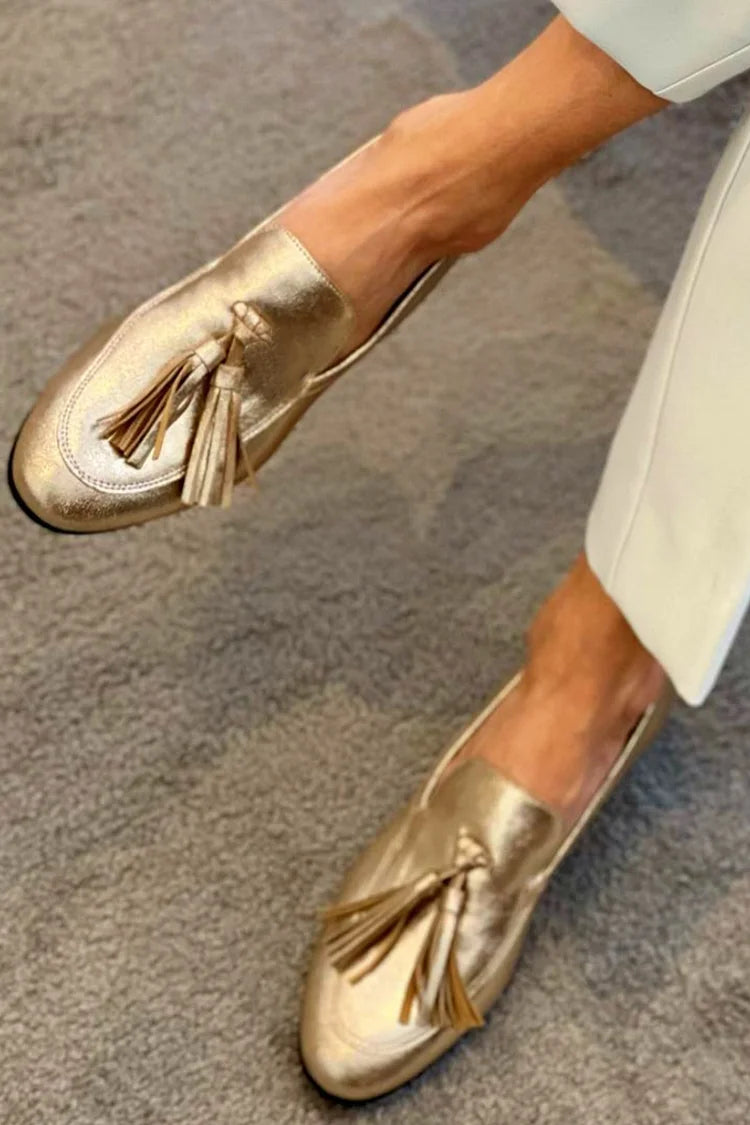 Women's Gold Tassel Moccasin Flats - Luminous Elegance