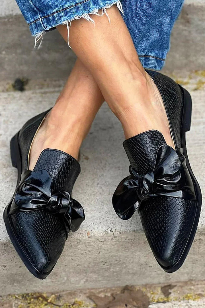 Women's Black Loafer with Shiny Bow - Elegant Everyday Shoe