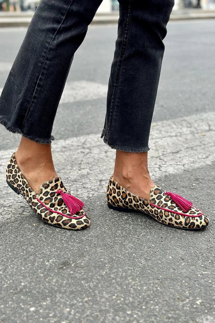 Women's Animal Print Loafer with Fuchsia Fringes - Bold Everyday Style