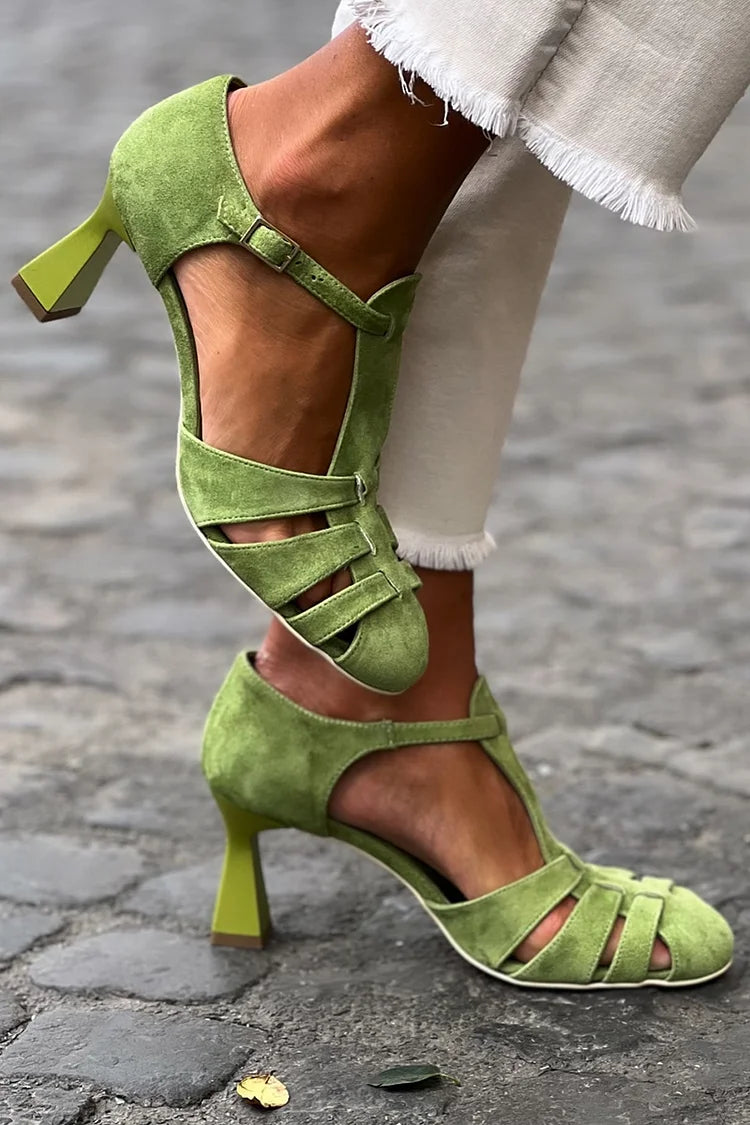Women's Green Suede Vintage Strap Heels - Refined Block Heel