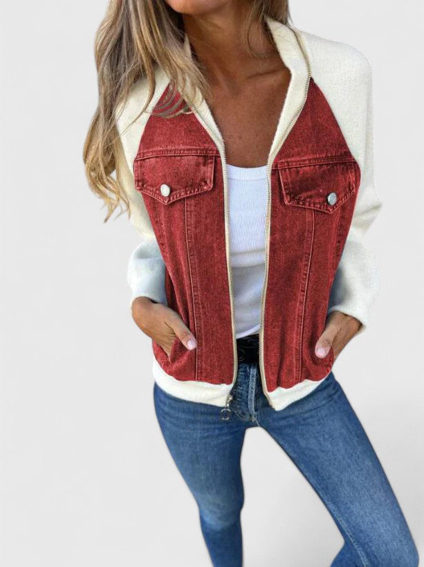 Women's Denim Jacket with Contrast Sleeves - Everyday Layering