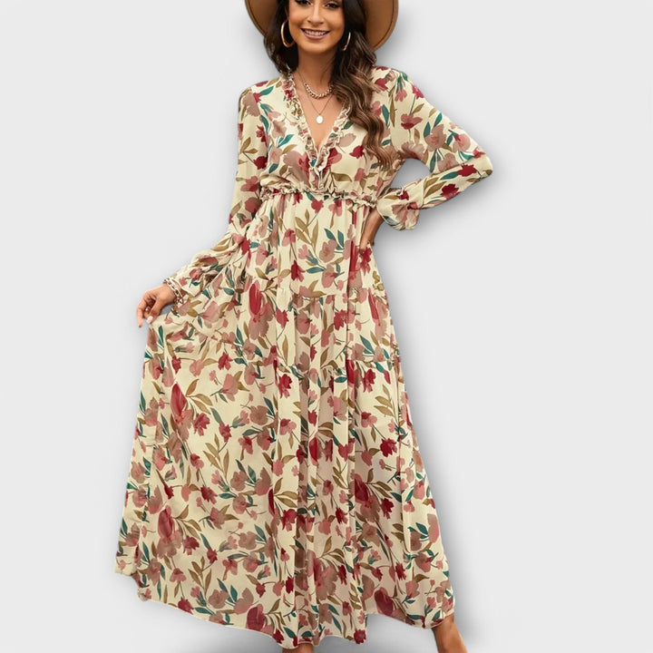 Women's Floral Maxi Dress - Graceful V-Neck & Long Sleeves
