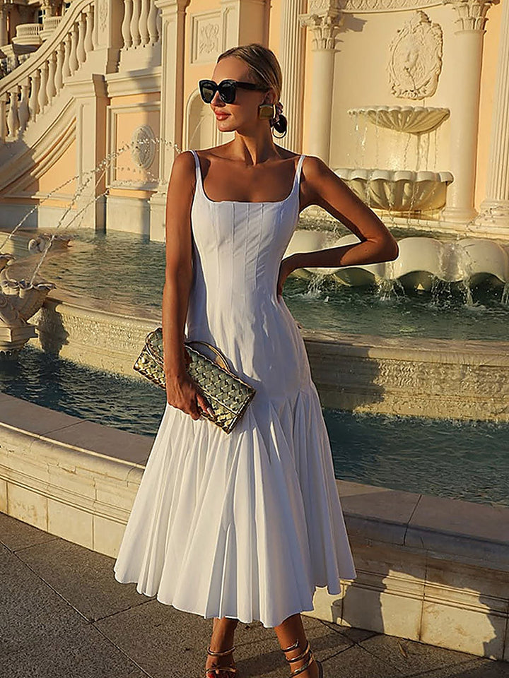 High-End Minimalist Solid Cinched-Waist Dress