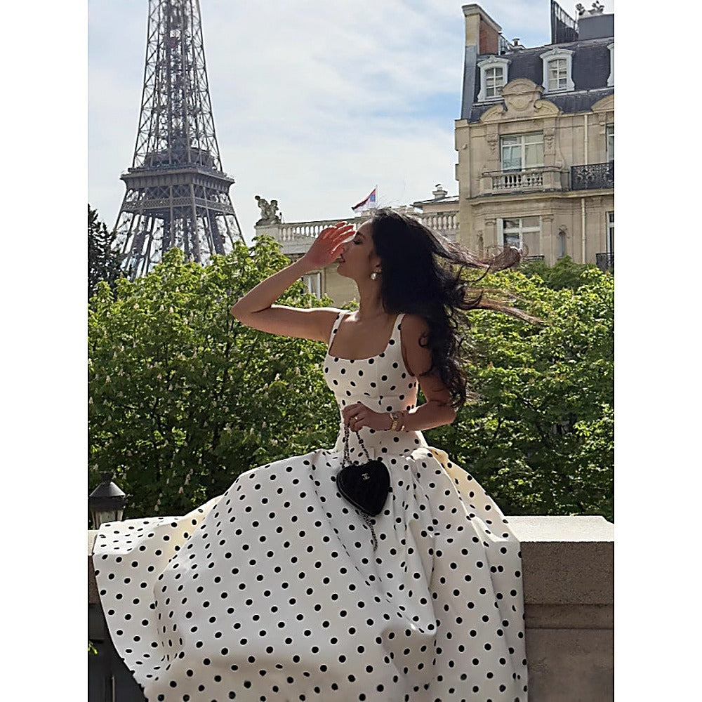 French Chic Square-Neck Polka-Dot Ruched Maxi Slip Dress