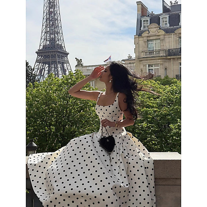 French Chic Square-Neck Polka-Dot Ruched Maxi Slip Dress