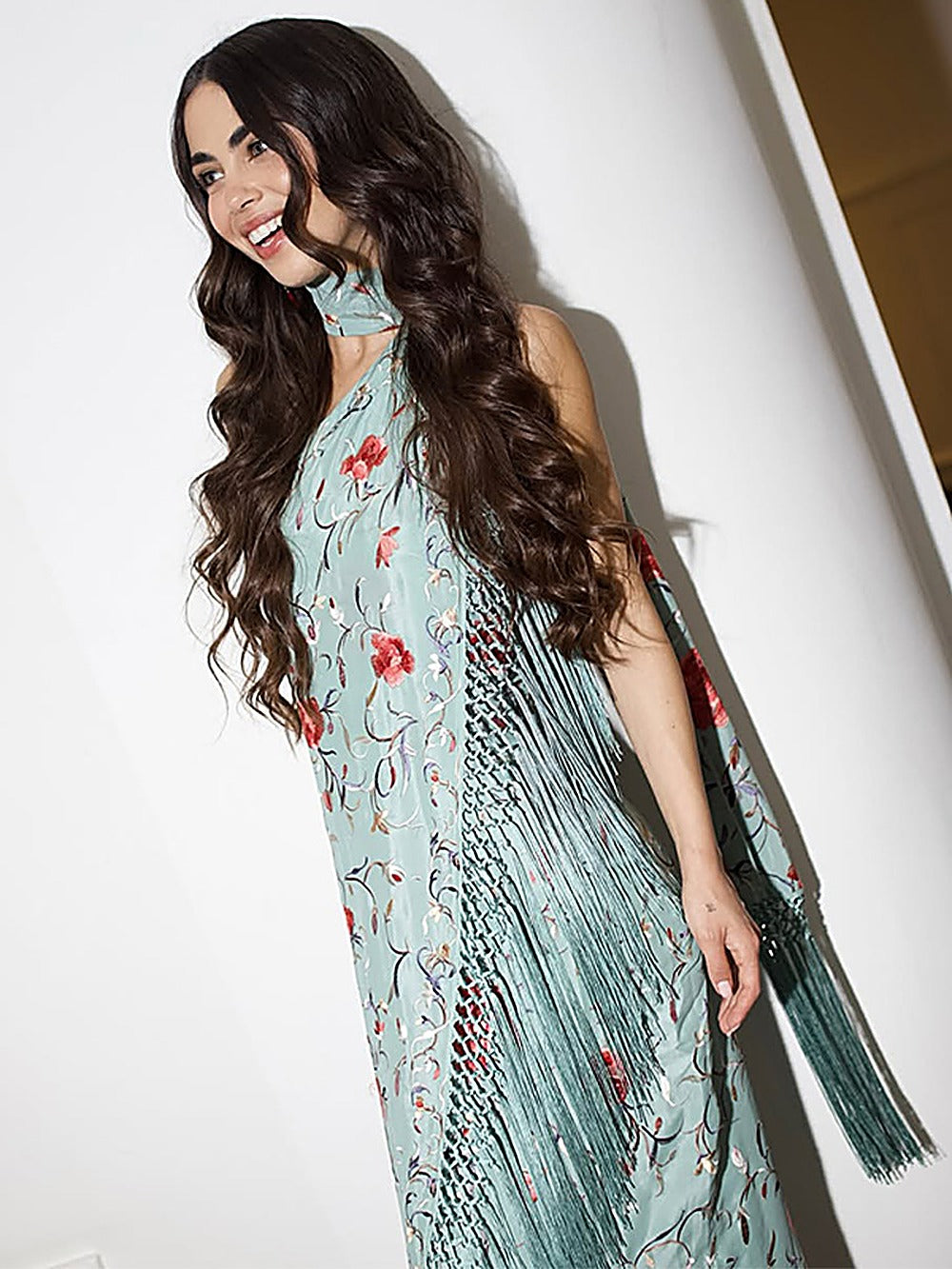 Printed Tassel One-Shoulder Halter Maxi Dress