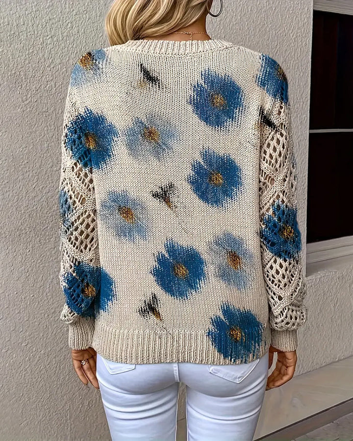 Women's Floral Open-Knit V-Neck Sweater - Effortless Elegance