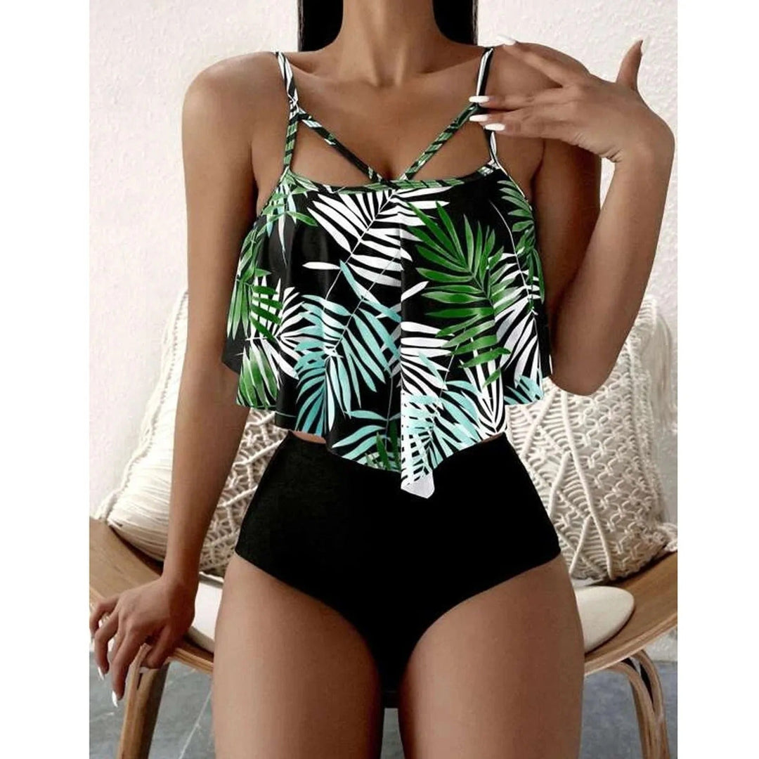 Women's Leaf Print Ruffled Tankini - Perfect for Beach Days