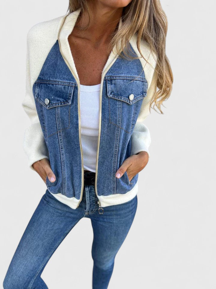 Women's Denim Jacket with Contrast Sleeves - Everyday Layering