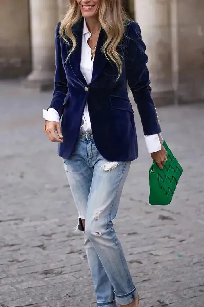 Women's Tailored Blazer with Gold Buttons - Effortless Elegance