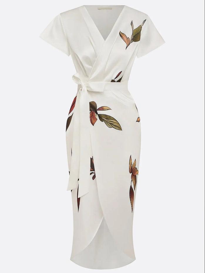 Women's Floral Wrap Midi Dress - Elegant Botanical Print