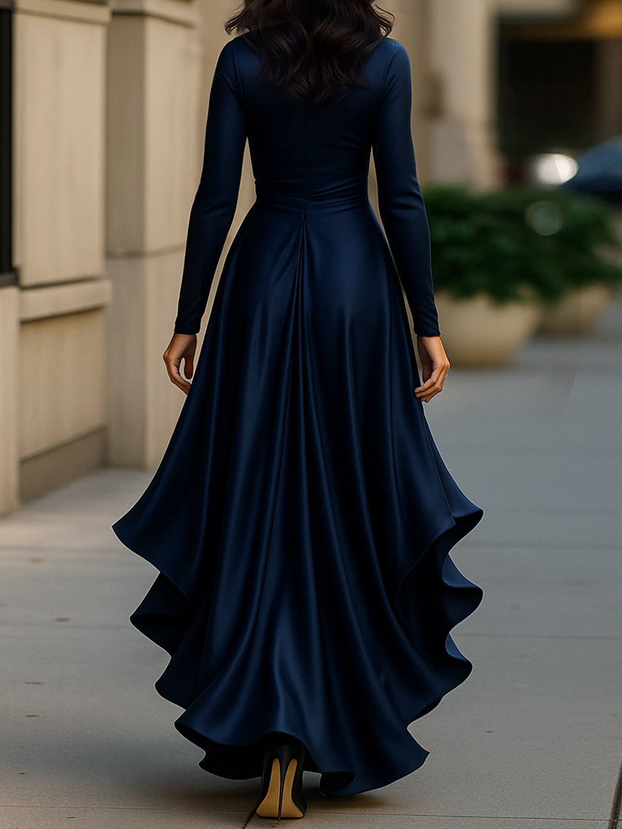 Women's Draped Satin Wrap Maxi Dress with Ruffles - Evening Elegance