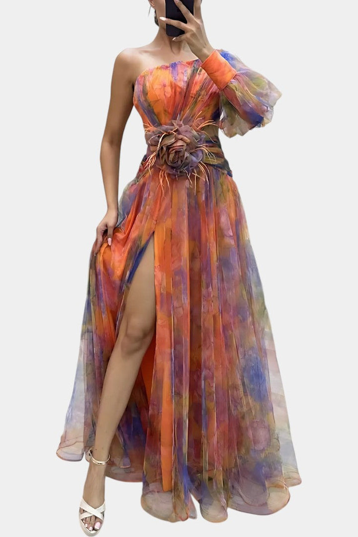 Women's Printed One-Shoulder Maxi Dress - Perfect for Weddings