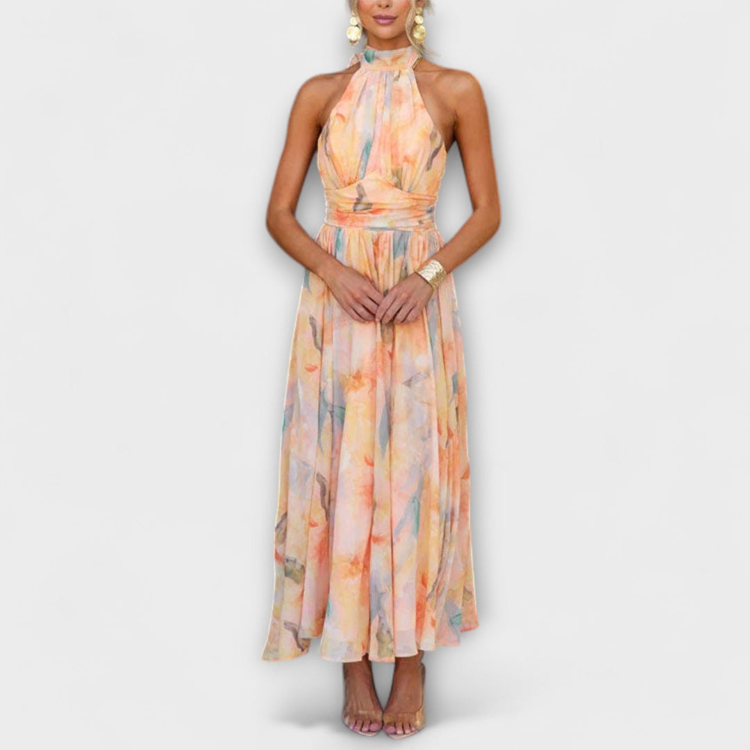 Women's Watercolor Print Halter-Neck Maxi Dress - Breezy Summer