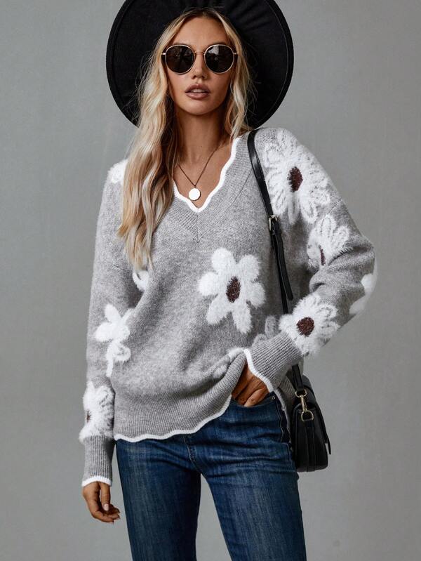 Women's Floral Knit V-Neck Sweater - Cozy Layering Essential