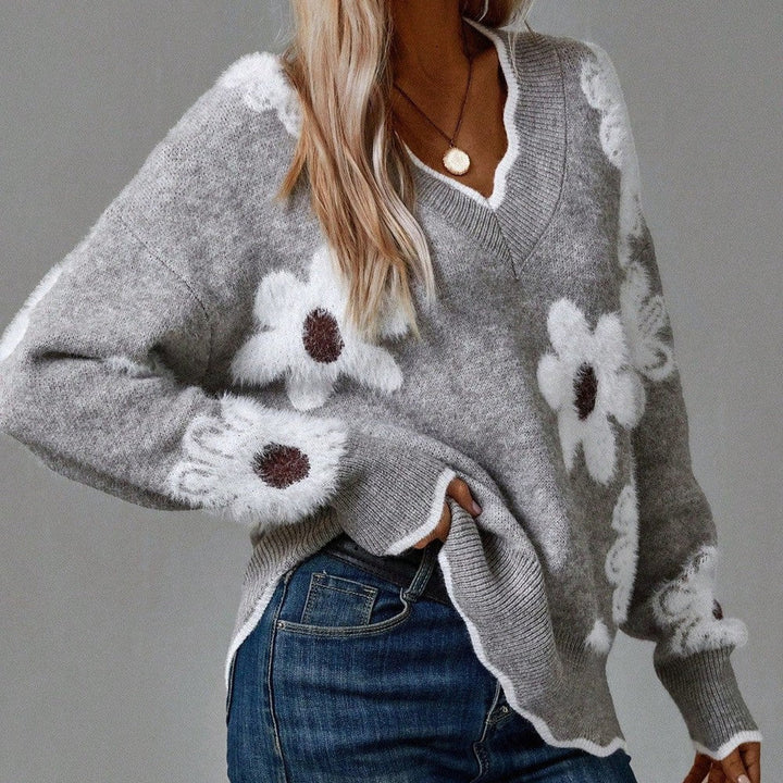 Women's Floral Knit V-Neck Sweater - Cozy Layering Essential