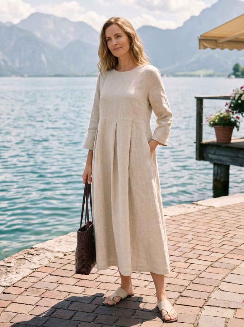 Women's 100% Linen Bateau-Neck Pleated Maxi Dress