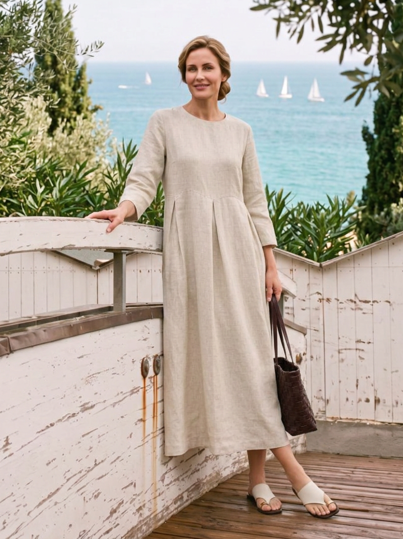 Women's 100% Linen Bateau-Neck Pleated Maxi Dress