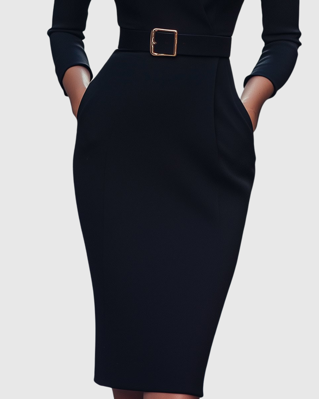 Women's Polyester Midi Dress - Mock Wrap & Belted Fit