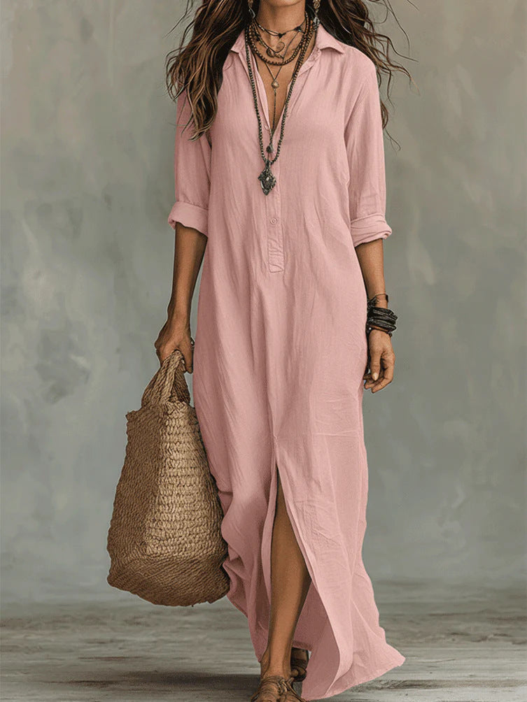 Women's Button-Front Maxi Dress - Flattering Silhouette for Everyday