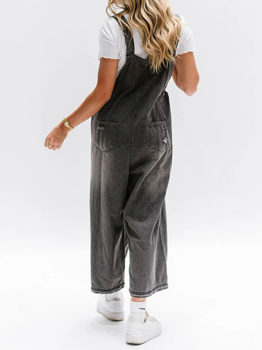 Women's Loose Fit Distressed Denim Overalls - Effortlessly Cool