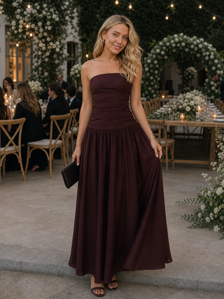 Women's Strapless Ruched Bodice Midi Dress - Effortless Elegance