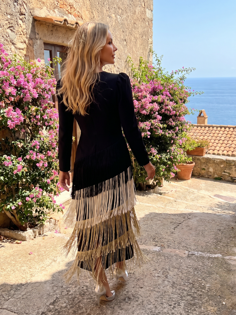 Women's Long Sleeve Fringe Midi Dress - Effortless Elegance